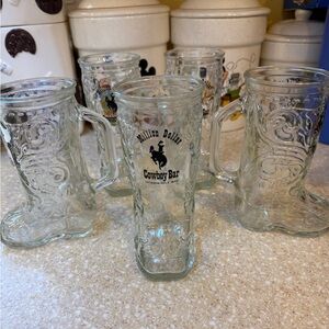 Vintage Embossed Clear Glass Cowboy Boot Mug Set of 5 Million Dollar Cowboy Bar